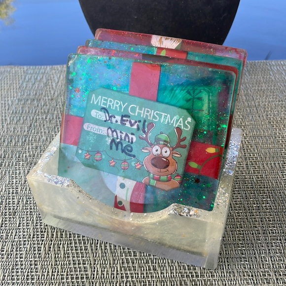 XMAS Handmade Festive Funny Holiday Square Coaster Set and Holder - Picture 1 of 17